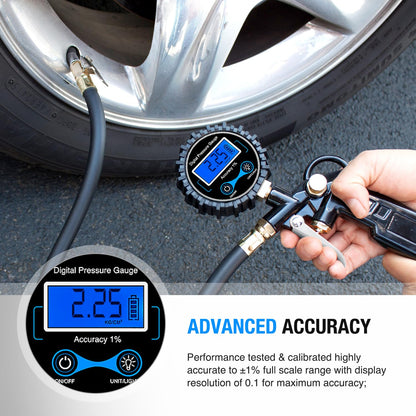 Nilight 50026R Digital Tire Inflator Pressure Gauge,250 PSI Air Chuck and Compressor Accessories Heavy Duty with Rubber Hose Quick Connect Coupler for 0.1 Display Resolution