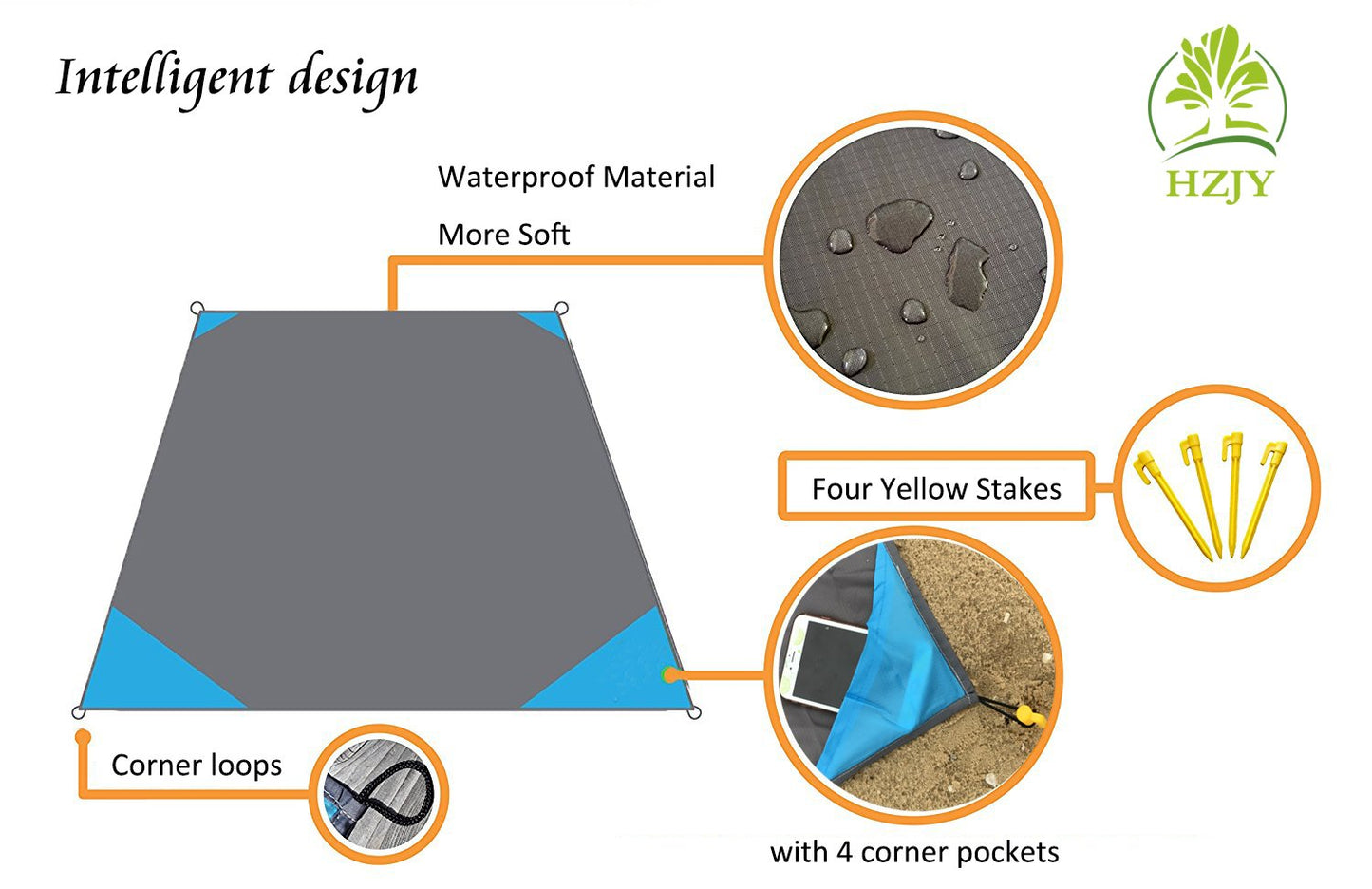 HZJOYUE Outdoor Picnic Blanket (71" x 55") -Compact, Lightweight, Sand Proof Pocket Blanket for The Beach, Hiking, Travel, Camping, Festivals with Pockets, Loops, Stakes, Carabiner (Blue)