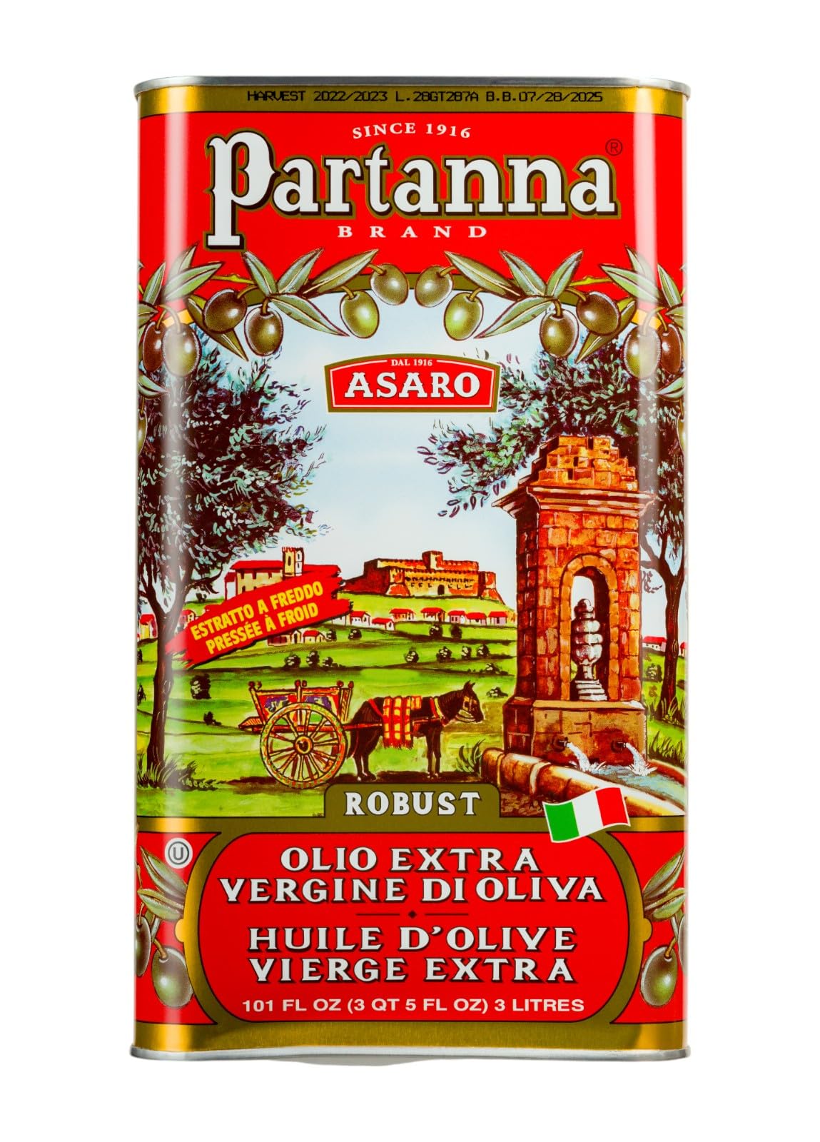 Partanna Robust Extra Virgin Olive Oil - Premium Castelvetrano Oil - Harvested in Sicily - Pure Authentic Italian - Monovarietal - Rich in Flavor - First Cold Pressed - 101 fl oz (3 L) Tin