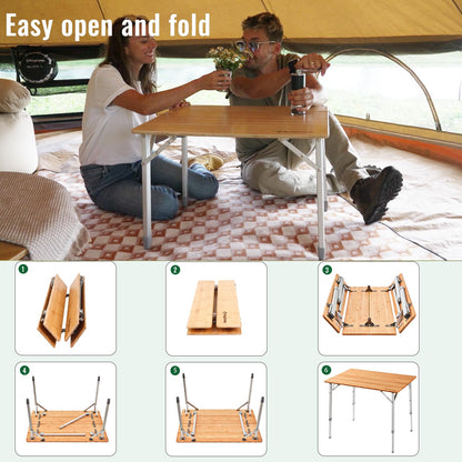KingCamp Adjustable Height Folding Table, 4-Fold Bamboo Camping Outdoor Portable RV Camp Table with Carry Bag for Outdoor Car Backyard Picnic Tailgating Beach