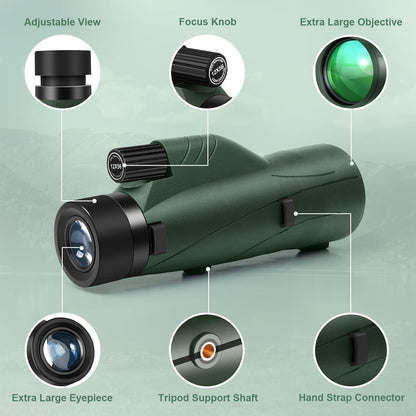 OXK Optics 12x56 High Power Monocular Telescope | Comes with Smartphone Adapter Tripod Travel Bag | Bird Watching Hunting Hiking Camping Gift - Green