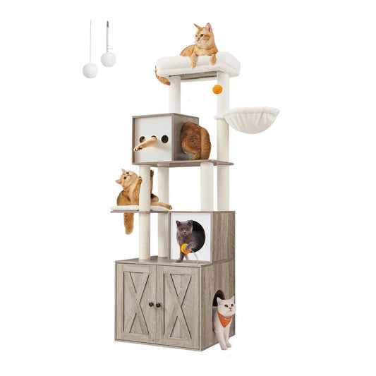 Feandrea Cat Tree with Litter Box Enclosure, 2-in-1 Modern Cat Tower, 70.8-Inch Tall Cat Condo with Scratching Posts, Perch, Caves, Basket, Washable Cushions, Heather Greige UPCT116G01