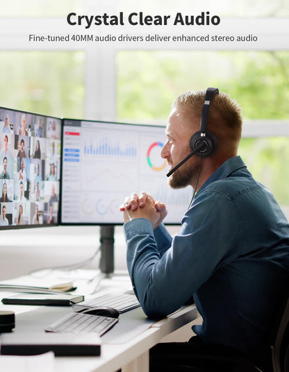 JabNecter USB Headset with Microphone for PC, Wired Headphones with Noise Cancelling Mic, Computer Headset with in-line Controls, 3.5mm & USB Plug for Zoom, Skype, Call Center, Office Use, Black