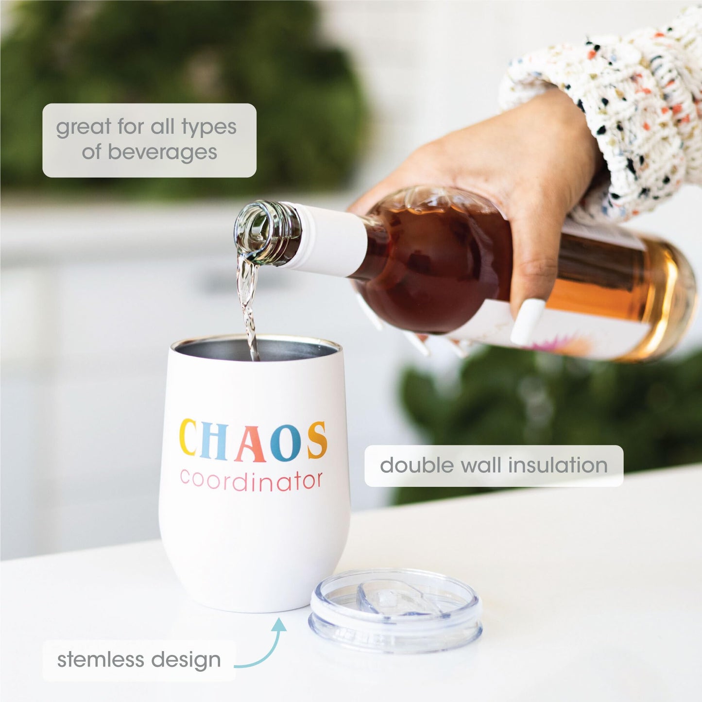 Pearhead Chaos Coordinator Stainless Steel Wine Tumbler with Press-In and Slide Locking Lid, Mother’s Day Stemless Wine Glass Tumbler Mug, New Mom Accessory, 12oz