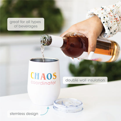 Pearhead Chaos Coordinator Stainless Steel Wine Tumbler with Press-In and Slide Locking Lid, Mother’s Day Stemless Wine Glass Tumbler Mug, New Mom Accessory, 12oz