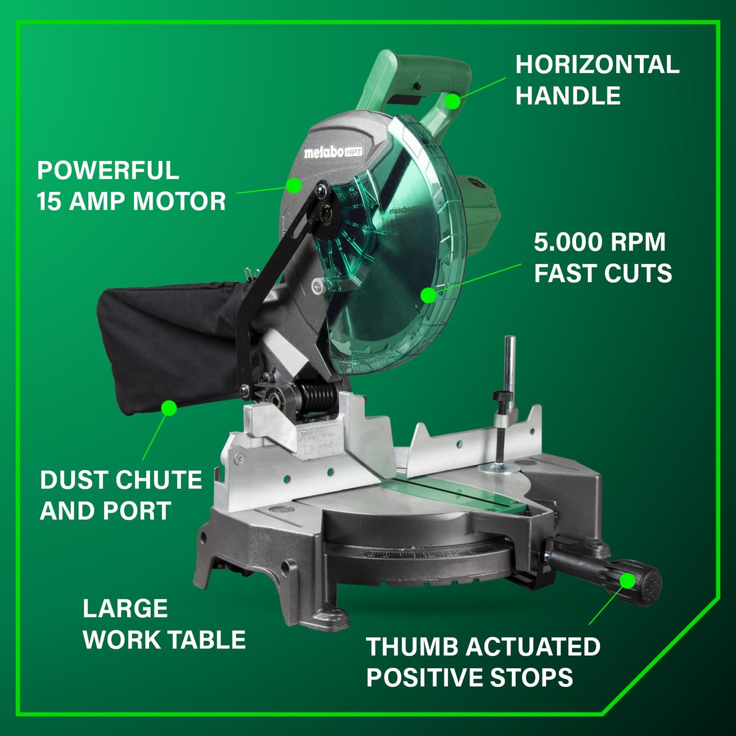 Metabo HPT 10-Inch Compound Miter Saw, 15-Amp Power Saw with Large 10-Inch Table, Precision Miter Angles, Single Bevel 0-45°, 24T TCT Blade, Positive Stops, Lightweight Design, C10FCGS