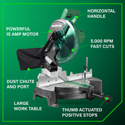 Metabo HPT 10-Inch Compound Miter Saw, 15-Amp Power Saw with Large 10-Inch Table, Precision Miter Angles, Single Bevel 0-45°, 24T TCT Blade, Positive Stops, Lightweight Design, C10FCGS