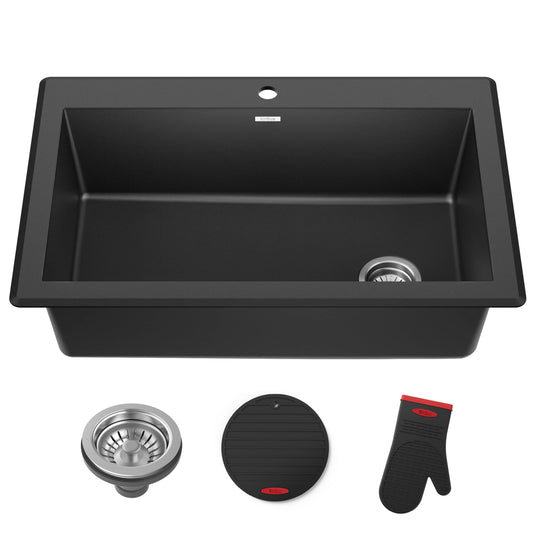 KRAUS Forteza 33-inch Drop In/Undermount Single Bowl Granite Kitchen Sink in Black, KGD-54BLACK