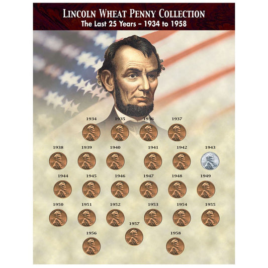 Lincoln Wheat Penny Collectors Coin Set 1934–1958 (25 Coins) with 1943 WWII Steel Strike Penny Pack – The Last 25 Years Collection by American Coin Treasures