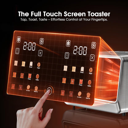 4 Slice Toaster– Dual Digital Smart TouchScreen & Independent Control Panel | Single-Slot Tech, Timer/Reheat/Defrost for Bagels, Bread | 1800W Stainless Steel, 6 Toast Types & Shade Settings