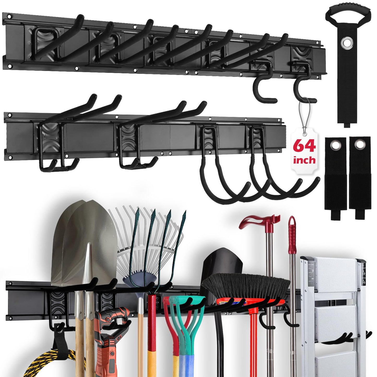 64" Heavy Duty Garage Storage Tool Organizer Wall Mount - Tool Rack with Adjustable Hooks, Anti-Rust, 300lbs Capacity - Easy Installation (4 Racks, 10 Hooks, 3 Straps)