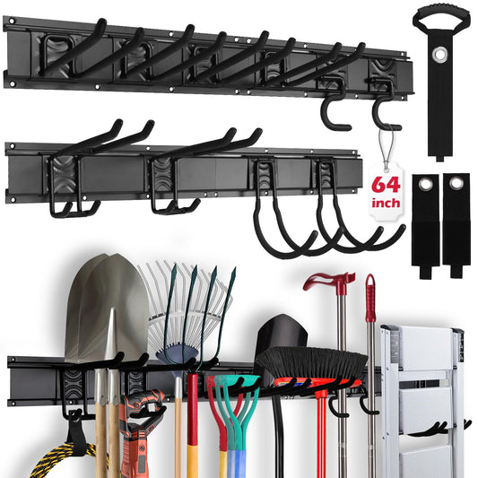 64" Heavy Duty Garage Storage Tool Organizer Wall Mount - Tool Rack with Adjustable Hooks, Anti-Rust, 300lbs Capacity - Easy Installation (4 Racks, 10 Hooks, 3 Straps)