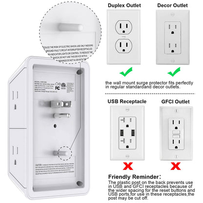 Multi Plug Outlet Surge Protector - POWRUI 6 Outlet Extender with 3 USB Ports (1 USB C) and Night Light, 3-Sided Power Strip with Adapter Spaced Outlets - White, ETL Listed