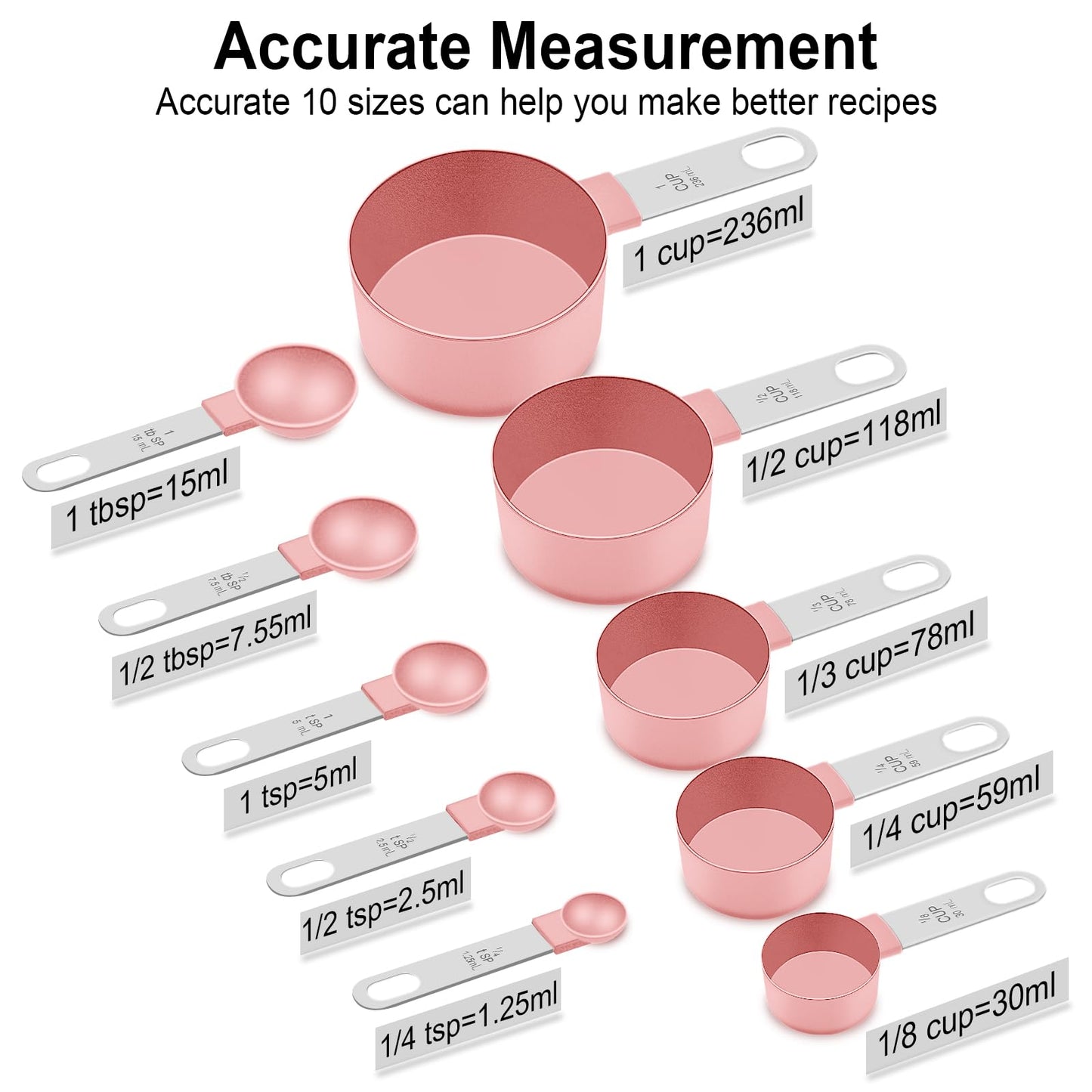 Measuring Cups and Spoons Set, 10 Pieces Nesting Measure Tools, Kitchen Essentials Gadgets with Stainless Steel Handle for Dry & Liquid Ingredient, Pink