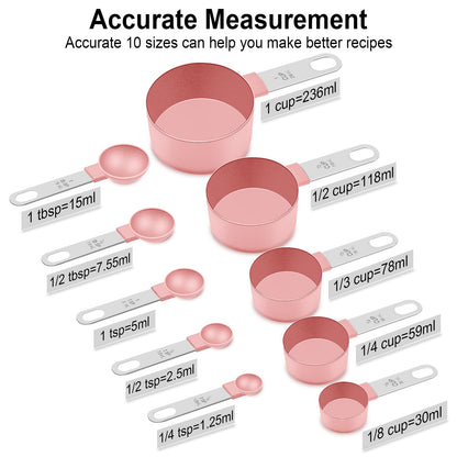 Measuring Cups and Spoons Set, 10 Pieces Nesting Measure Tools, Kitchen Essentials Gadgets with Stainless Steel Handle for Dry & Liquid Ingredient, Pink