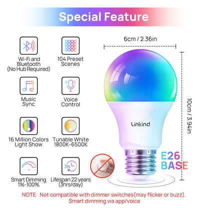 Linkind Smart Light Bulbs, Smart Bulb That Work with Alexa & Google Home, LED Light Bulbs Color Changing, 104 Preset Scene, Music Sync, A19 E26 2.4GHz RGBTW WiFi Bluetooth Light Bulb 60W, 800LM, 4Pack