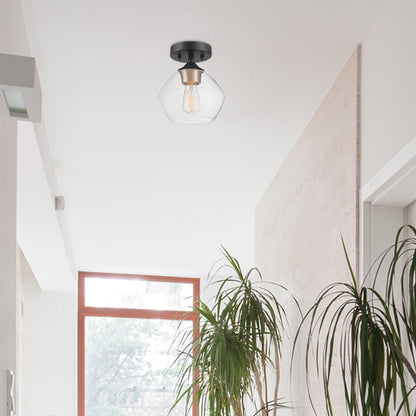 GLOBE Electric Harrow 1-Light Semi-Flush Mount Ceiling Light with a Matte Black Finish, Gold Accent Socket and Clear Glass Shade, Dimmable Option