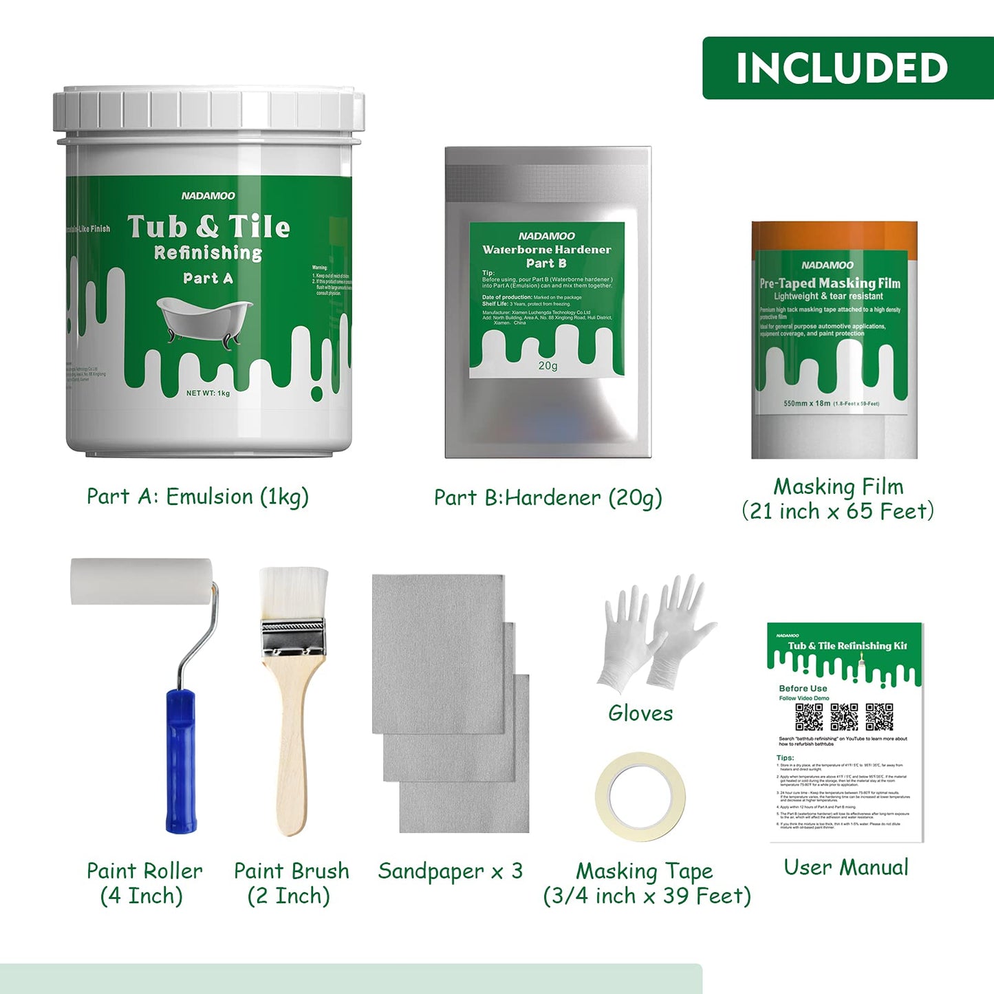 NADAMOO Tub and Tile Refinishing Kit (1kg / 35 oz, with tools), Bathtub Sink Countertop DIY Paint Kit for Bathroom Kitchen Porcelain Fiberglass, Semi-gloss White Coat