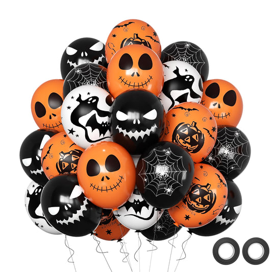 Halloween Decoration Balloons, 50pcs 12 Inch Black Orange White Halloween Balloons Bat Spooky Pumpkin Spider Web Halloween Balloons for Halloween Party Decoration Outdoor Home, Yard Backdrop Party