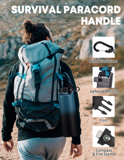 40/64/128 oz Insulated Water Bottle with Straw - Flex Cap Lids, Paracord Handle, Bottle Carrier Bag w/Strap, Vacuum Stainless Steel 40oz Water Bottles, Double Wall Flask Metal Water Flask Jug