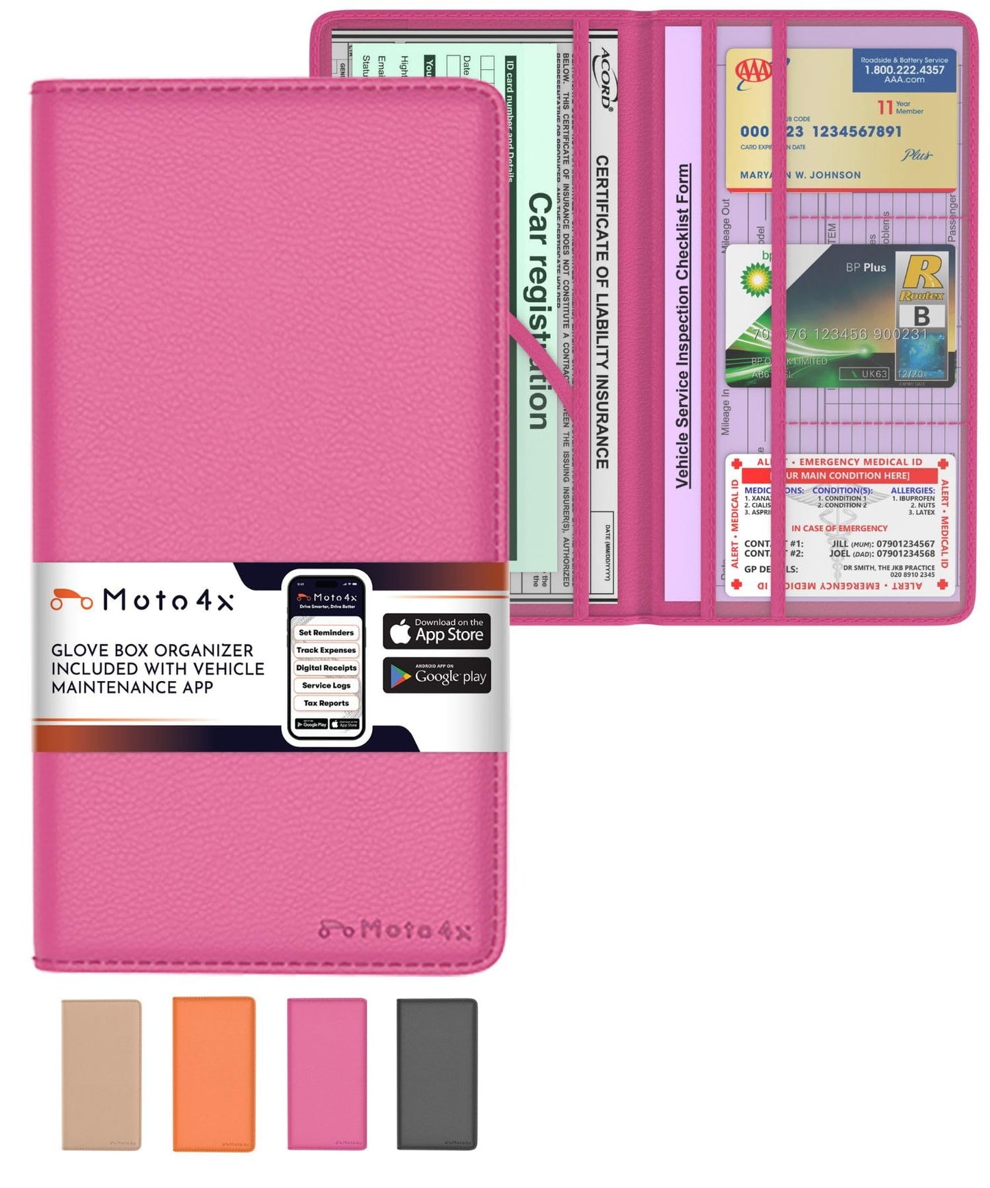 Pink Magnetic Shut Insurance and Registration Holder, Premium PU Leather Glove Box Organizer for Car, Popular Car Accessories for Girls, Organize Vehicle Documents with style, Size 9.5 in x 5.1 in