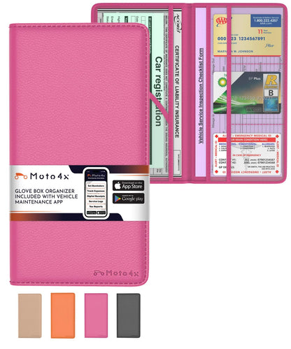 Pink Magnetic Shut Insurance and Registration Holder, Premium PU Leather Glove Box Organizer for Car, Popular Car Accessories for Girls, Organize Vehicle Documents with style, Size 9.5 in x 5.1 in