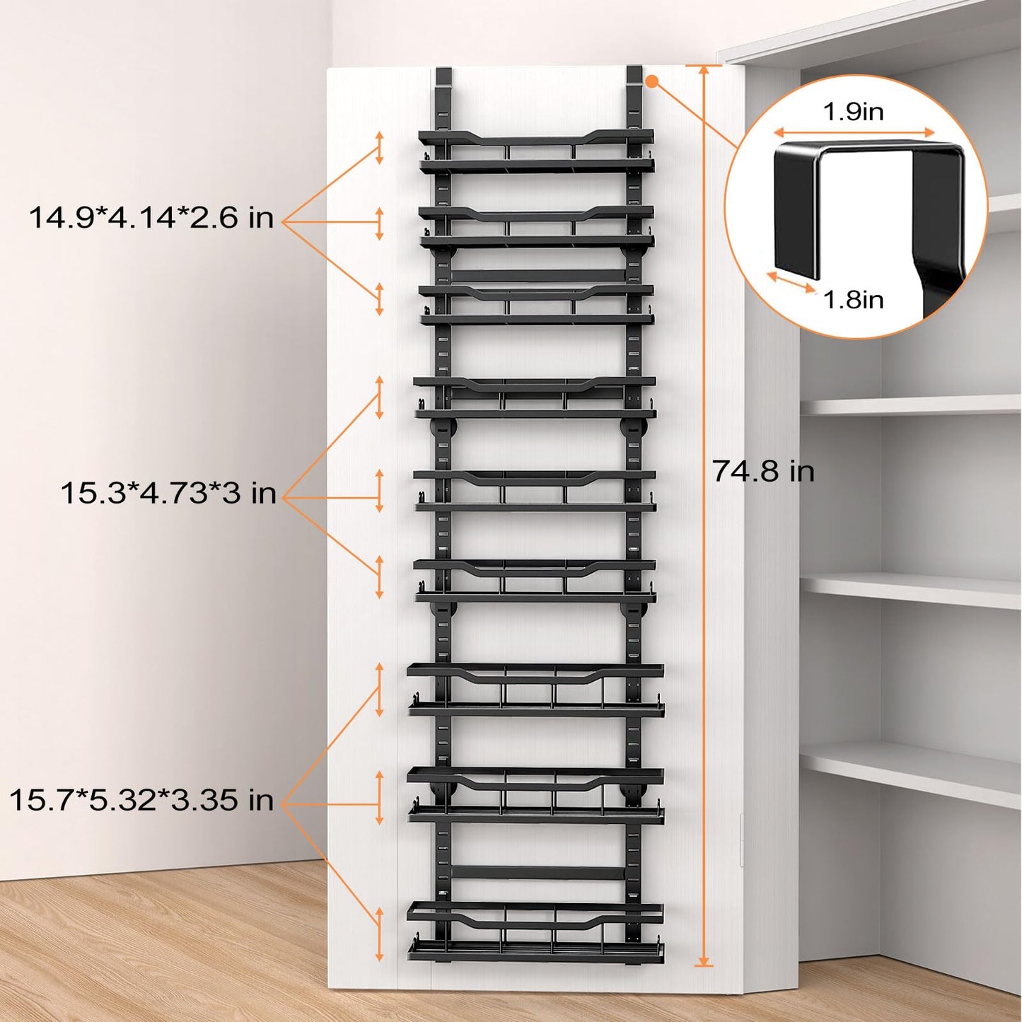 Over The Door Pantry Organizer, 9-Tier Over The Door Organizer with Adjustable Baskets, Metal Hanging Spice Rack for Pantry Organizers and Storage, Suitable for Kitchen Laundry Room & Bathroom, Black