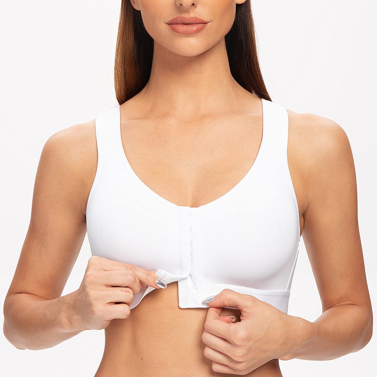 MELENECA Women's Front Closure Wirefree Post Surgery Plus Size Back Support Posture Bra White 40C