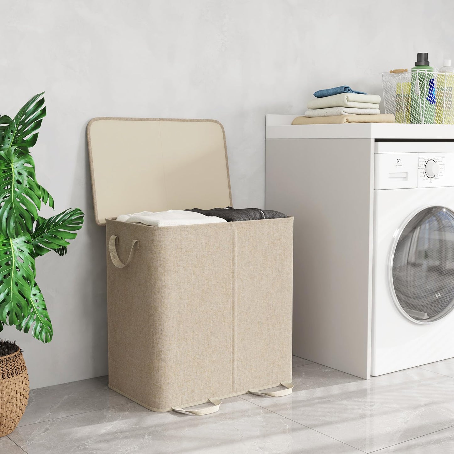 Lifewit Double Laundry Hamper with Lid and Removable Laundry Bags, Large Collapsible 2 Dividers Dirty Clothes Basket with Handles for Bedroom, Laundry Room, Closet, Bathroom, College, 136L Beige