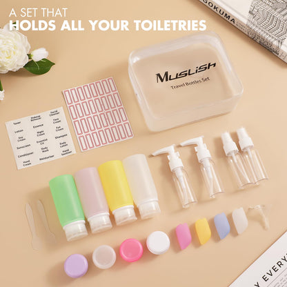 Muslish 21 Pack Leak Proof Silicone Travel Bottles Set, TSA Approved Containers for Toiletries, Travel Size Accessories and Shampoo Conditioner Bottles with Toiletry Bag (BPA Free)