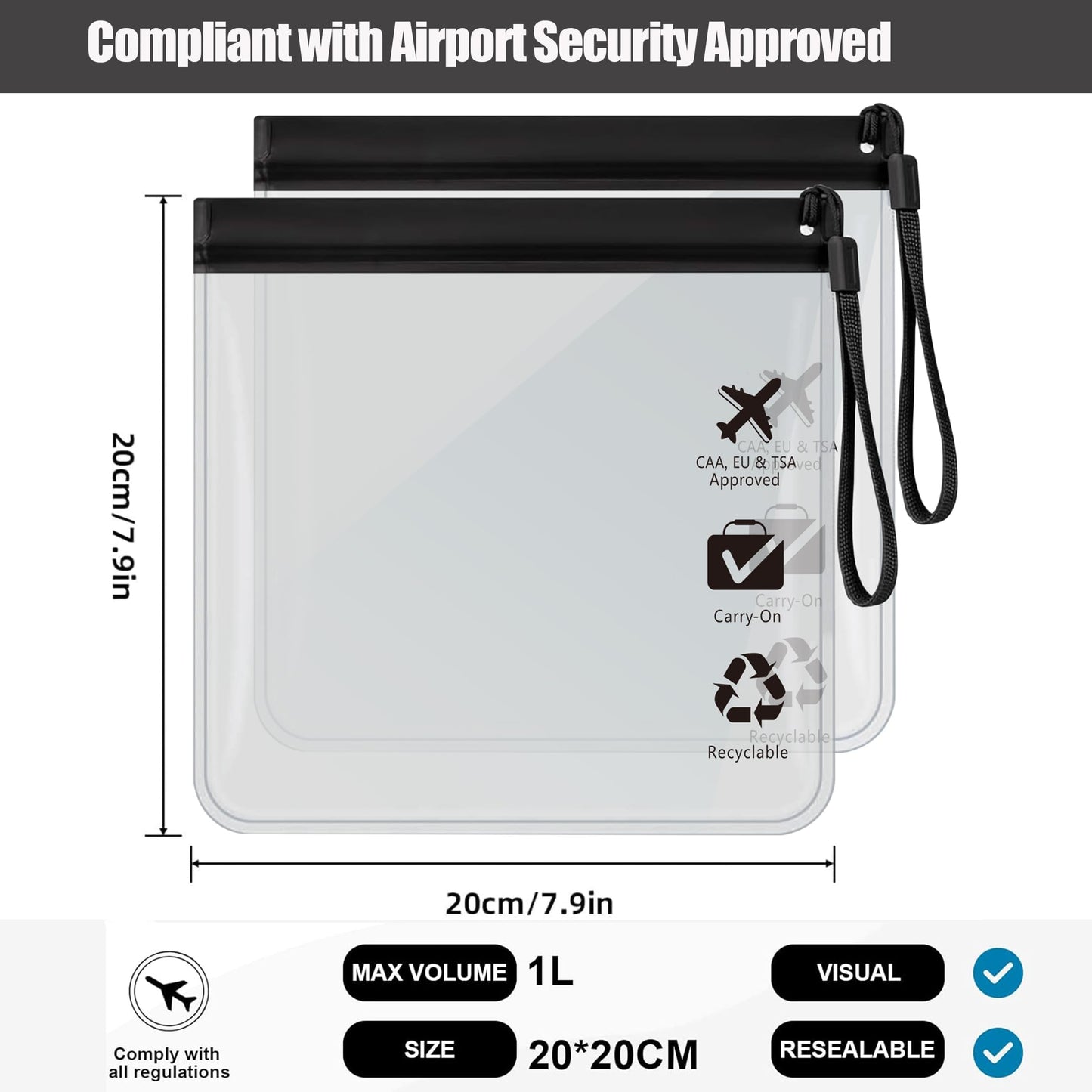 5Pcs Reusable TSA Approved Security Clear Toiletry Bag-Quart Size for EU UK & US Carry-on Regulations Security Waterproof & Leakproof Travel Bags for Liquids, Travel Accessories Holiday Essentials