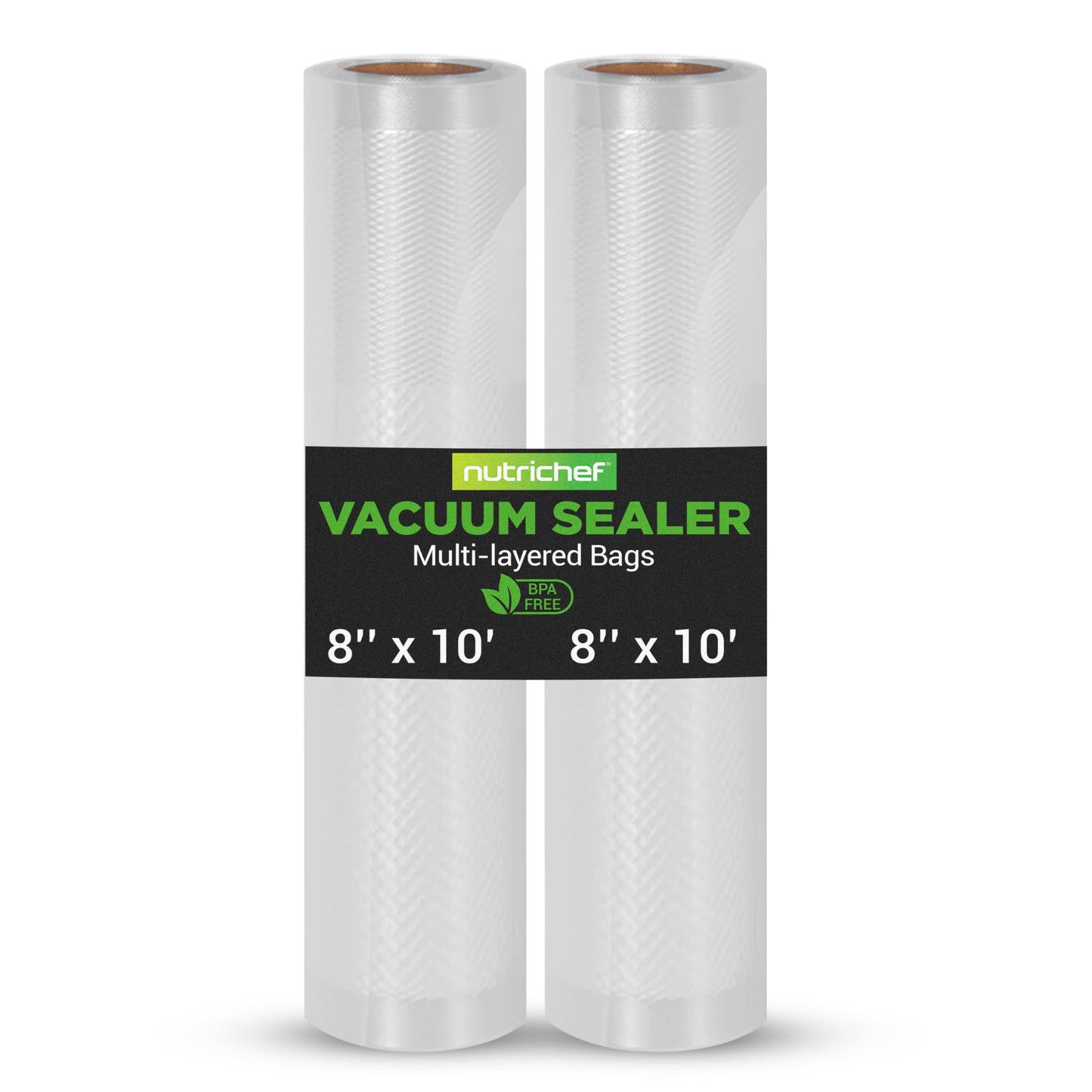 NutriChef Vacuum Sealer Bags - Universal Rolls for Custom Length Food Storage, Compatible with Most Sealers, Multi-Layered Design, Reusable, Microwave, Freezer & Sous Vide Safe, 2 Pack, 8”x10’ Each