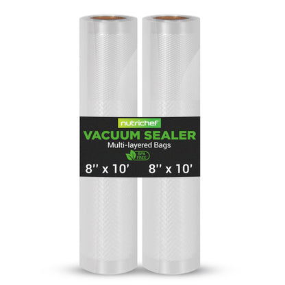 NutriChef Vacuum Sealer Bags - Universal Rolls for Custom Length Food Storage, Compatible with Most Sealers, Multi-Layered Design, Reusable, Microwave, Freezer & Sous Vide Safe, 2 Pack, 8”x10’ Each