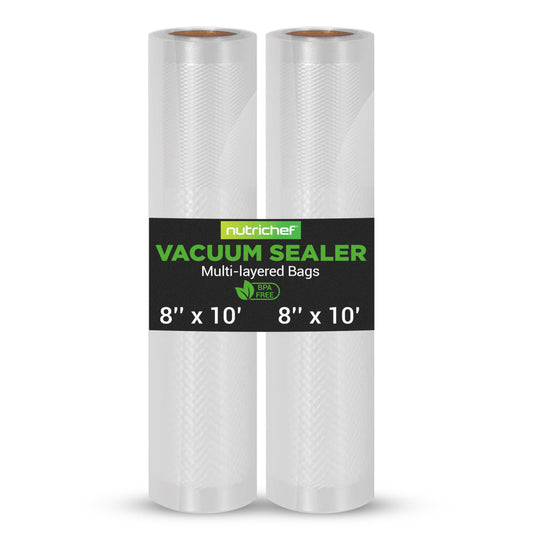 NutriChef Vacuum Sealer Bags - Universal Rolls for Custom Length Food Storage, Compatible with Most Sealers, Multi-Layered Design, Reusable, Microwave, Freezer & Sous Vide Safe, 2 Pack, 8”x10’ Each