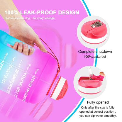 QuiFit Motivational Gallon Water Bottle - with Straw & Time Marker BPA Free Large Reusable Sport Water Jug with Handle for Fitness Outdoor Enthusiasts Leak-Proof (Pink/Blue,1 gallon)