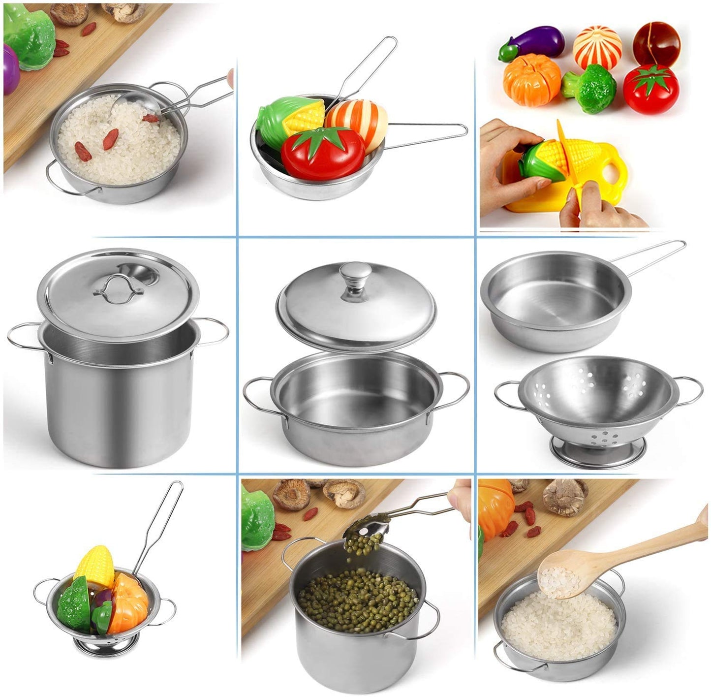 KODATEK Play Kitchen Accessories, Kids Kitchen Pretend Play Toys, Kitchen Set with Stainless Steel Cooking Utensils Cookware Pots and Pans Set Healthy Vegetables, Knife, Apron, Little Chef Boys Girls