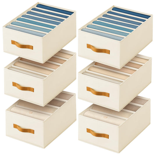Homsorout Clothes Organizers and Storage - 4/5/7 Grids Fabric Jeans Organizer with Handles, Foldable Closet Organizers Dividers, Wardrobe organizer for Pant, Sweater, T-shirt, Scarf, 6 Pack, Beige