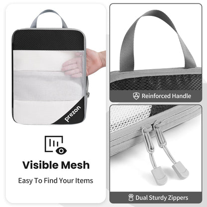 Prezon 8 Set/6 Set/4 Set Compression Packing Cubes for Travel, Lightweight Vacation Travel Essentials, Accessories for Suitcase Organizer Bags Set, Durable Luggage Organizer （6-half mesh-Black）