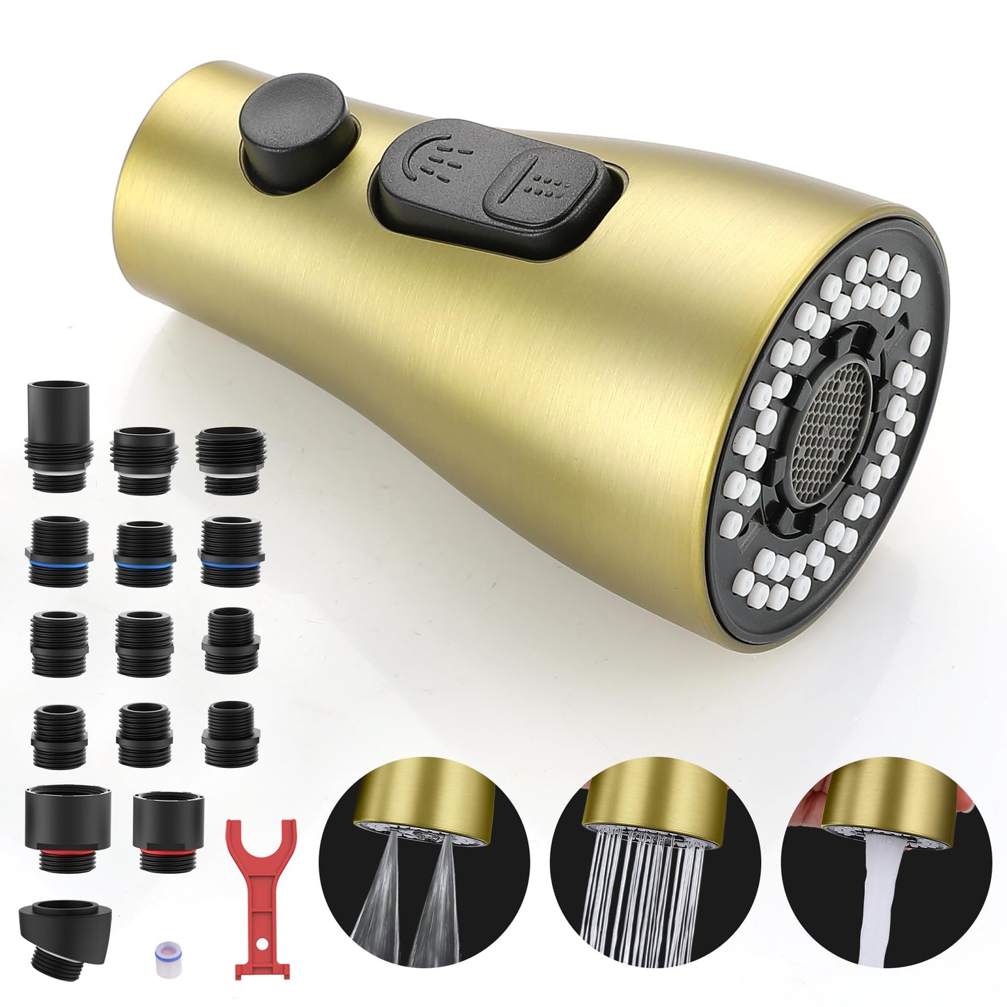 Kitchen Faucet Sprayer Head Replacement - with 15 Adapters Pull Down Faucet Spray Head, Pull Out Faucet Sprayer Nozzle, 3 Function Kitchen Tap Spray Spout Part Connector, Brushed Gold