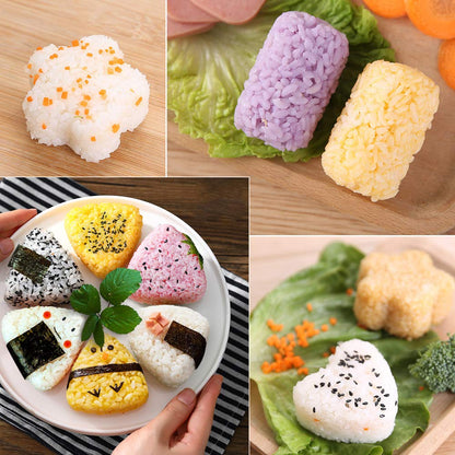 5 Pack Onigiri Sushi Making Mold, Triangle Sushi Press (Large & Small), Heart and Plum Blossom Shaped Sushi Rice Mold, Double Cylindrical Connectors Sushi Maker with 2 Small Rice Paddle