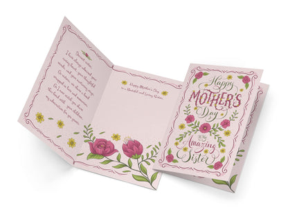 Prime Greetings Sister Mother's Day Card, Made in America, Eco-Friendly, Thick Card Stock with Premium Envelope 5in x 7.75in, Packaged in Protective Mailer