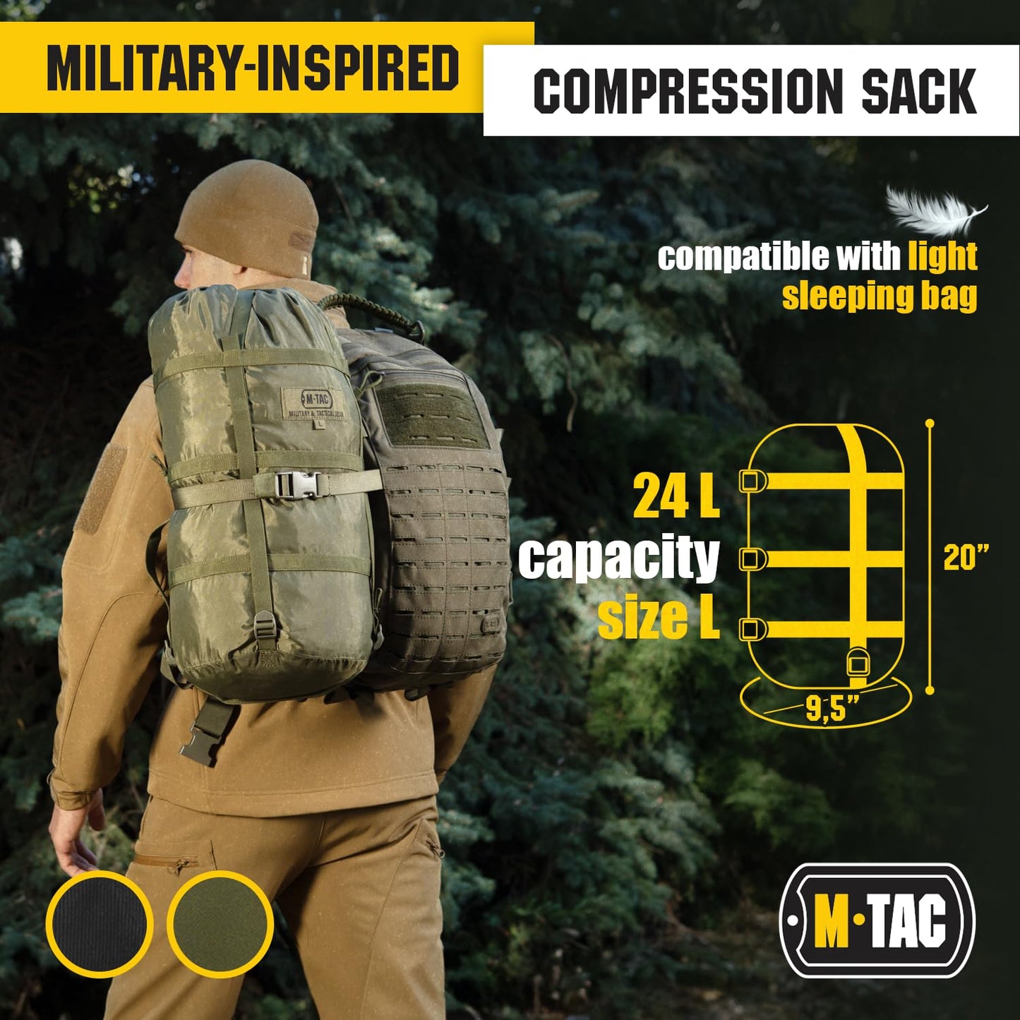 M-Tac Compression Stuff Sack for Sleeping Bag Military Water Resistant Compression Bag Lightweight Nylon Compression Sack for Travel, Camping, Hiking, Outdoor (Black, XL - 40 liters)