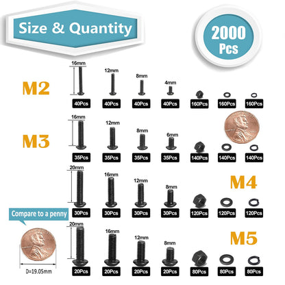 Kadrick Metric Screw Assortment, 2000PCS Metric Bolt Assortment Kit M2 M3 M4 M5 Machine Screws with Lock & Flat Washers, Grade 10.9 Alloy Steel Hex Socket Button Head Black Screws Nuts and Bolts Kit