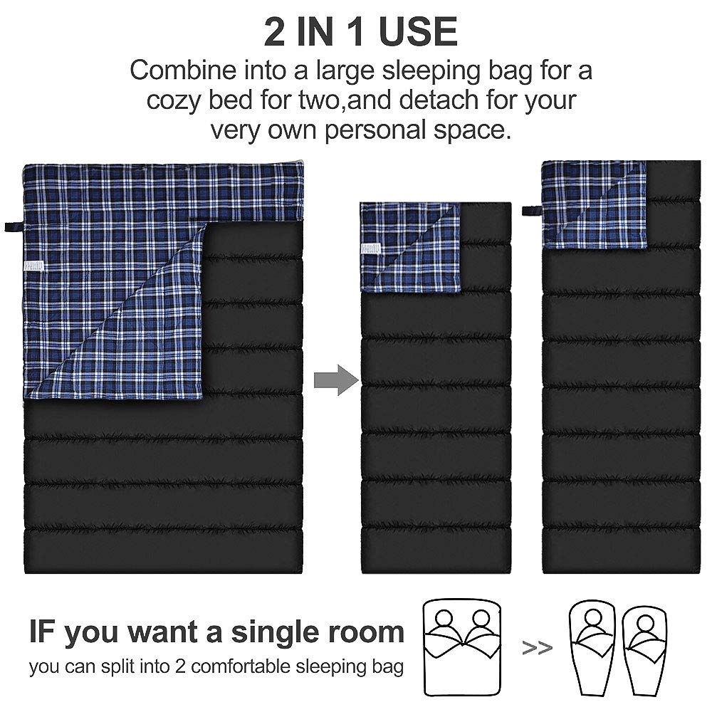 AGEMORE Cotton Flannel Double Sleeping Bag for Camping, Backpacking Or Hiking. Queen Size 2 Person Waterproof Sleeping Bag for Adults Or Teens. Lightweight with Compression Sack