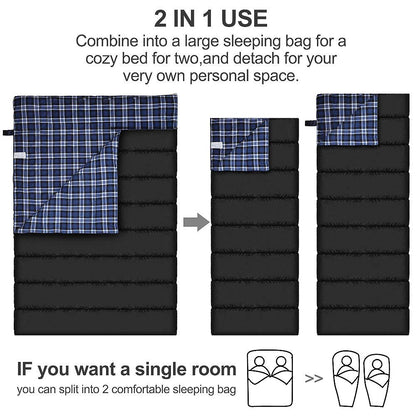 AGEMORE Cotton Flannel Double Sleeping Bag for Camping, Backpacking Or Hiking. Queen Size 2 Person Waterproof Sleeping Bag for Adults Or Teens. Lightweight with Compression Sack
