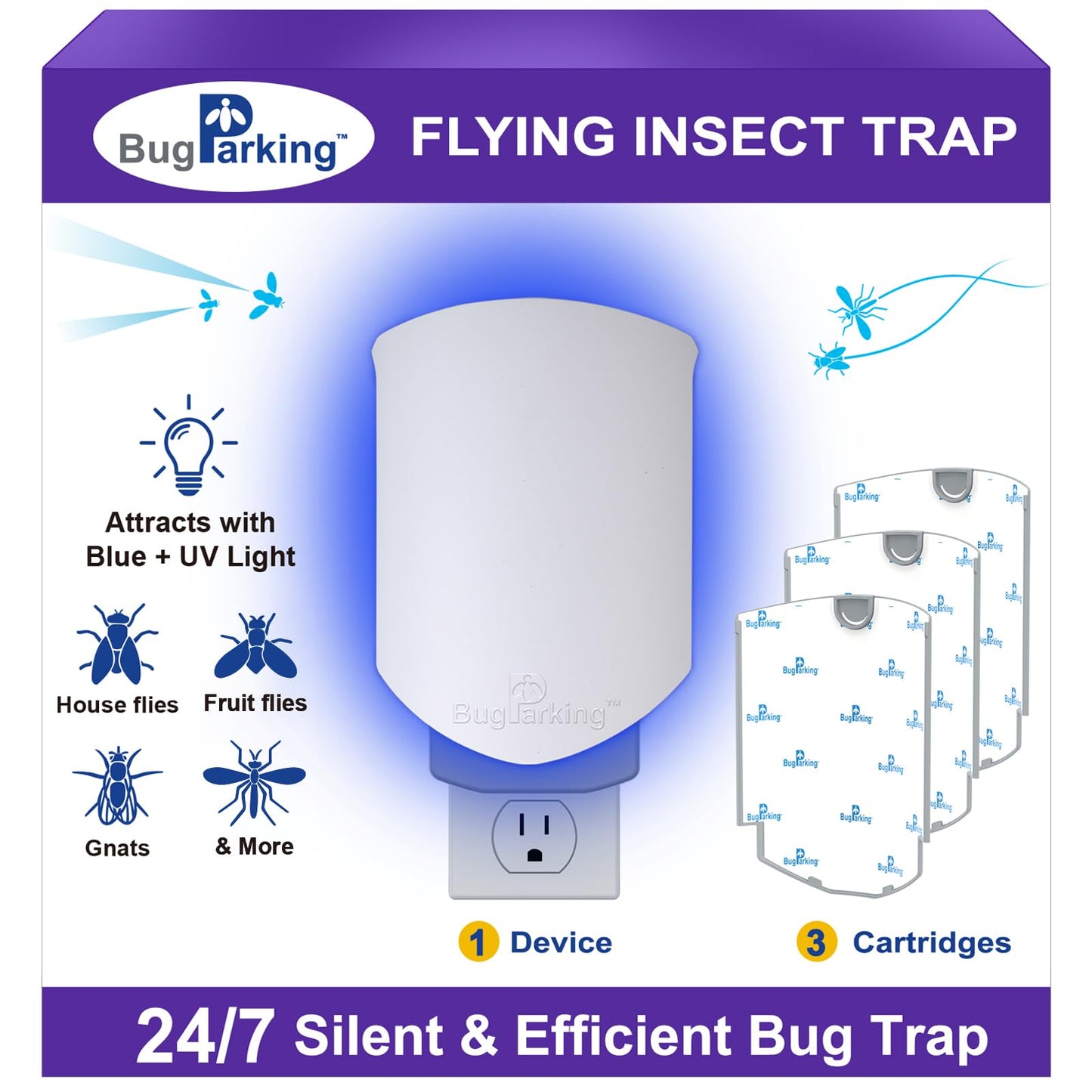 Flying Insect Trap for Indoors: Light Trap Captures Fruit Flies, Gnats, and Houseflies, BUG PARKING 1 Device and 3 Refills Silent Bug Catcher with UV Light for Indoor-Plants, Kitchen