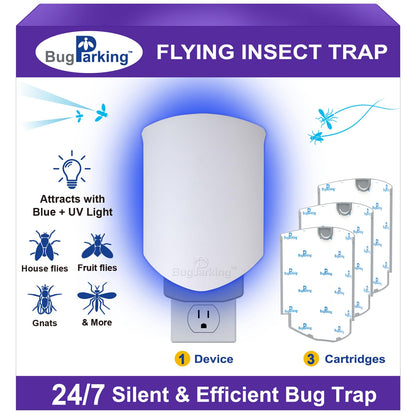 Flying Insect Trap for Indoors: Light Trap Captures Fruit Flies, Gnats, and Houseflies, BUG PARKING 1 Device and 3 Refills Silent Bug Catcher with UV Light for Indoor-Plants, Kitchen