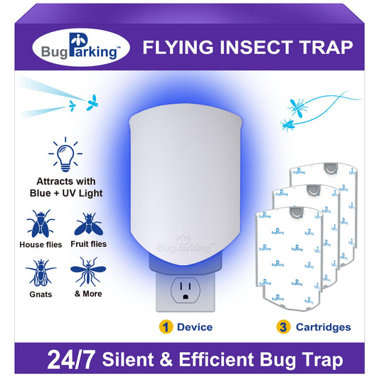 Flying Insect Trap for Indoors: Light Trap Captures Fruit Flies, Gnats, and Houseflies, BUG PARKING 1 Device and 3 Refills Silent Bug Catcher with UV Light for Indoor-Plants, Kitchen