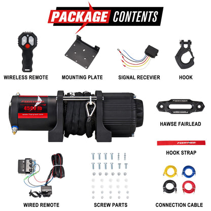 FIERYRED ATV/UTV Winch 12V 4500 lb Electric Winch with Synthetic Rope, with Wireless Remote Control Hawse Aluminium Fairlead & Mounting Bracket, Waterproof IP67