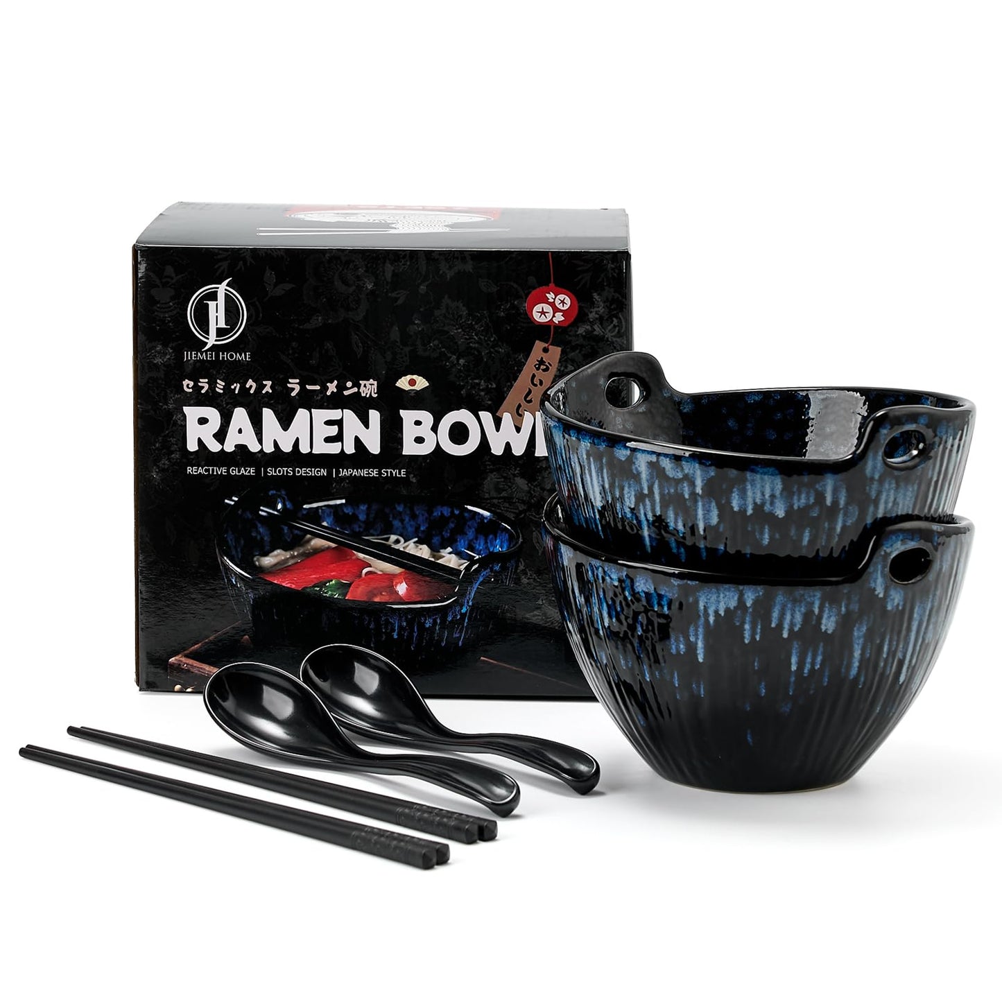 JH JIEMEI HOME Ramen Bowl with Chopsticks and Spoons Set, 7 Inch Ceramic Noodle Bowl Set of 2, Dishwasher Safe for Pho Udon Soba Noodle Salad Pasta, Special Reactive Glazed Navy Bowls Set